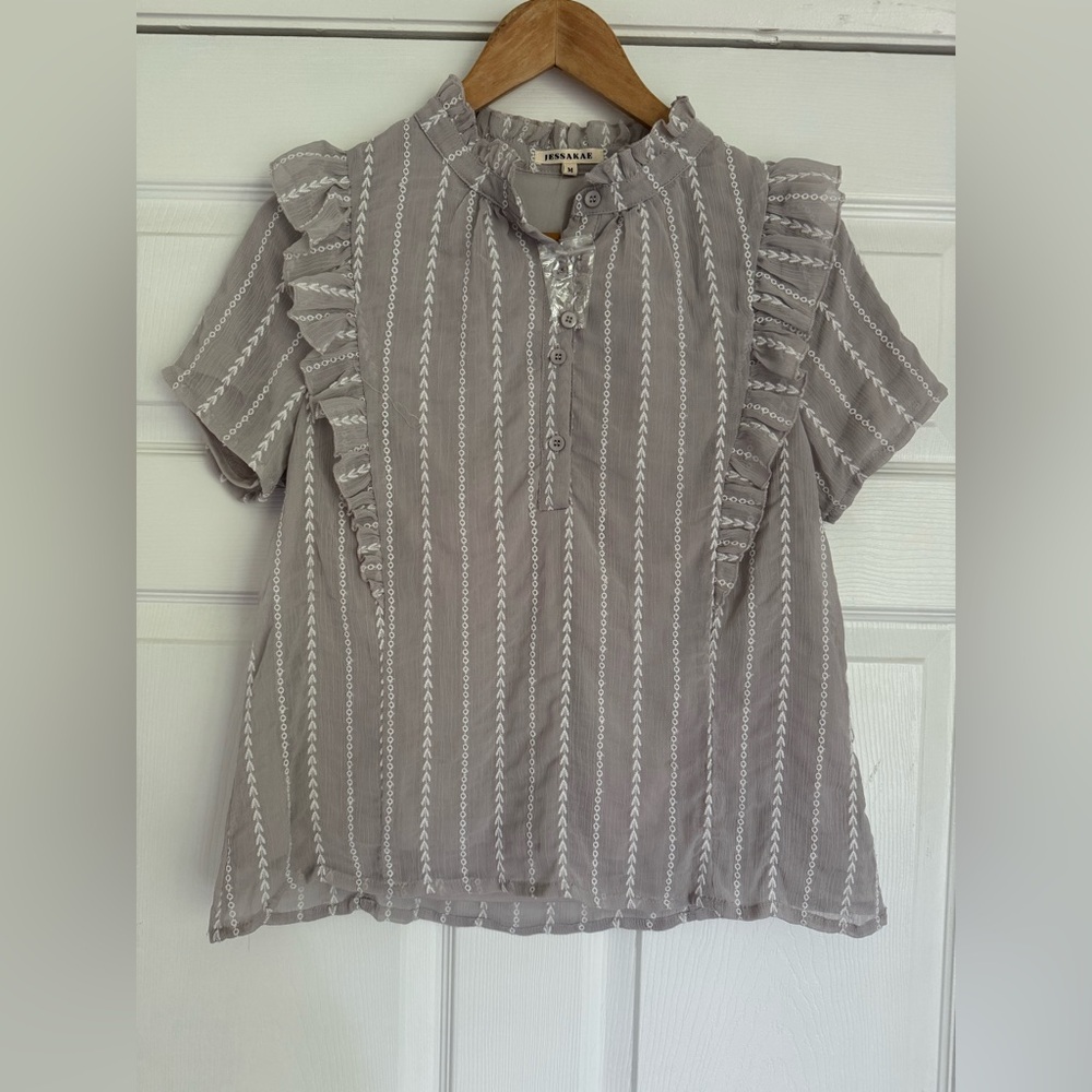 JessaKae Light Grey Ruffle Blouse – Size Medium